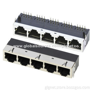 1*5 Ports RJ45 Connectors with or Without Shielding, R/A Type, Tab Down, RoHS Mark